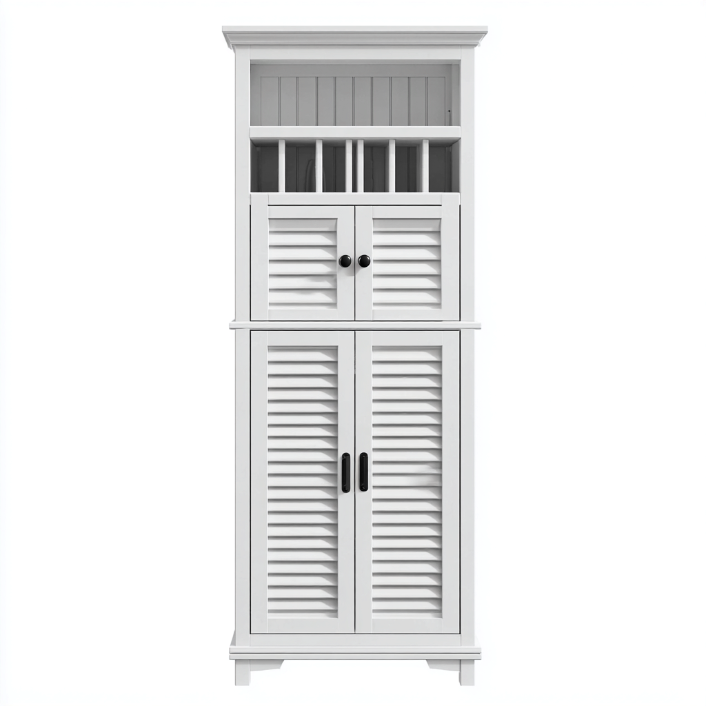 Rangement de salle de bain sur pied en bois 60x35x180 cm - blanc - avec portes persiennées et étagères ouvertes - style classique-Ratilyinterior