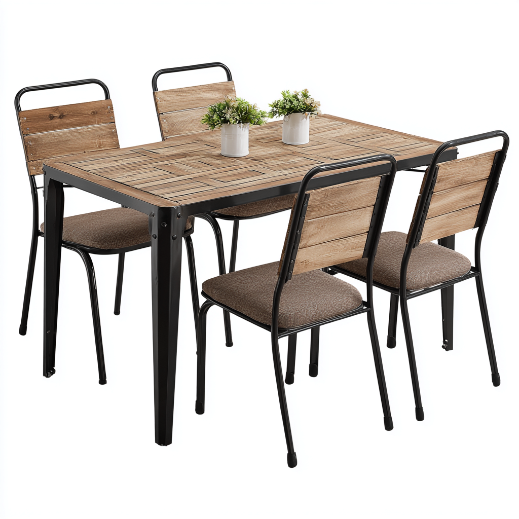 Ensemble table et chaises bois et métal - brun clair et noir - style industriel pour salle à manger-Ratilyinterior