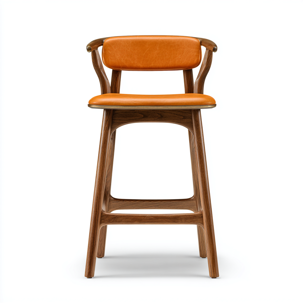 Tabouret de bar en bois massif avec assise en cuir 48x50x96 cm - cognac et bois naturel - pour restaurant - design moderne-Ratilyinterior