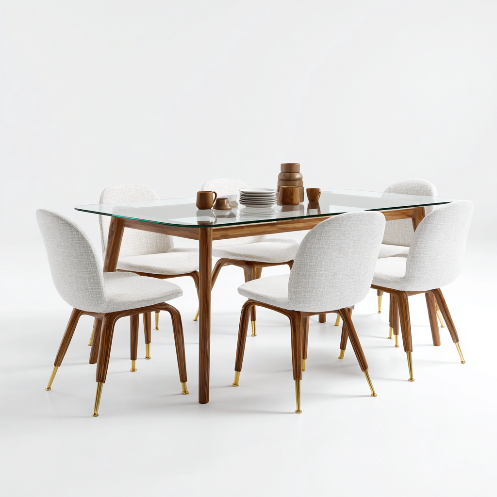 Ensemble table et chaises verre et bois - blanc et brun - style contemporain pour salle à manger-Ratilyinterior