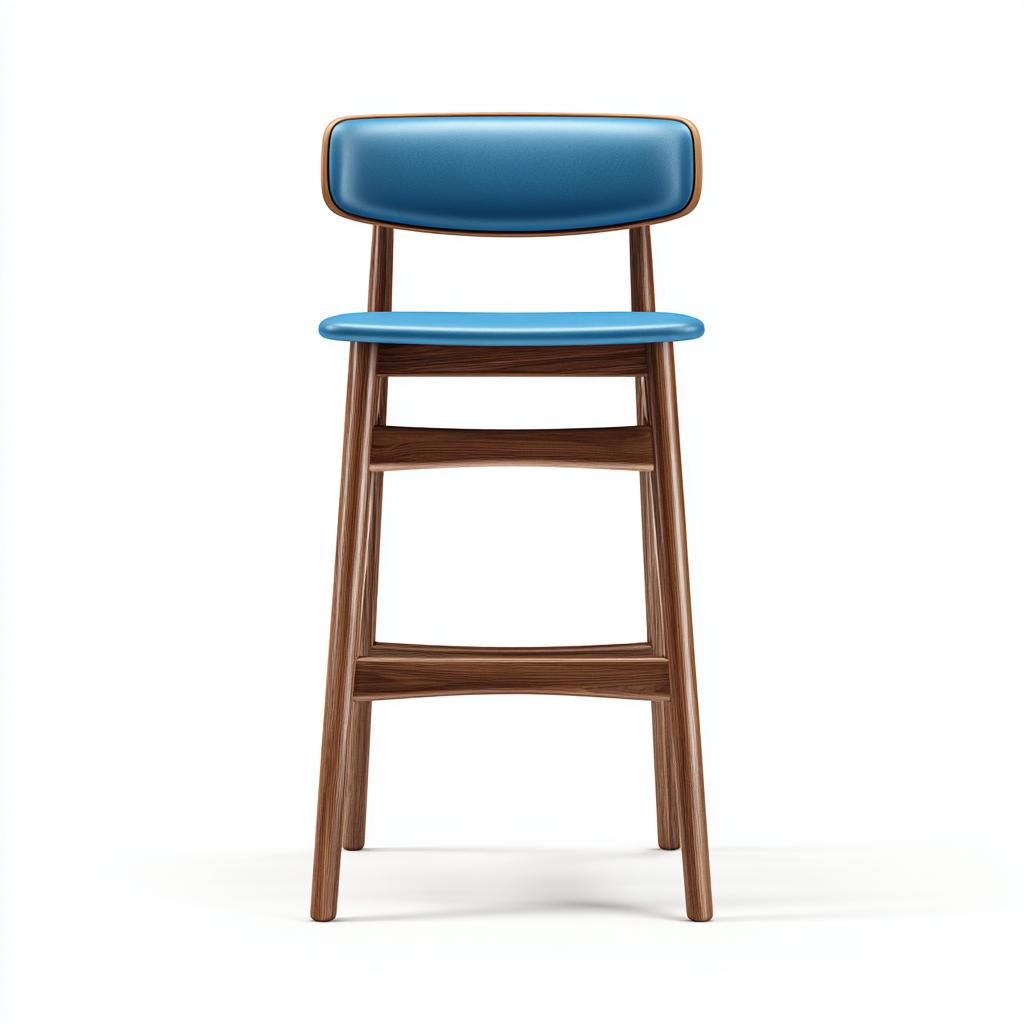Tabouret de bar en bois et cuir 42x40x80 cm - noyer - bleu - pour salle à manger - design contemporain-Ratilyinterior