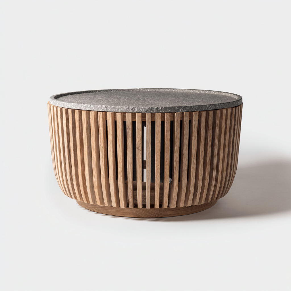Table basse de jardin ronde en bois et pierre 80x80x45 cm - naturel et gris - adaptée pour extérieur - design moderne-Ratilyinterior