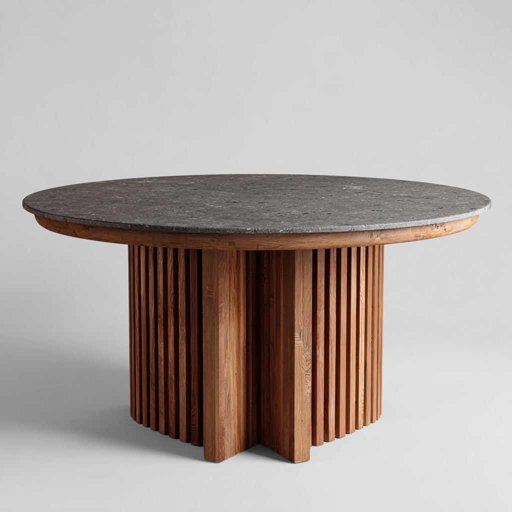 Table de jardin ronde en pierre et bois 120x120x75 cm - usage extérieur - design contemporain-Ratilyinterior