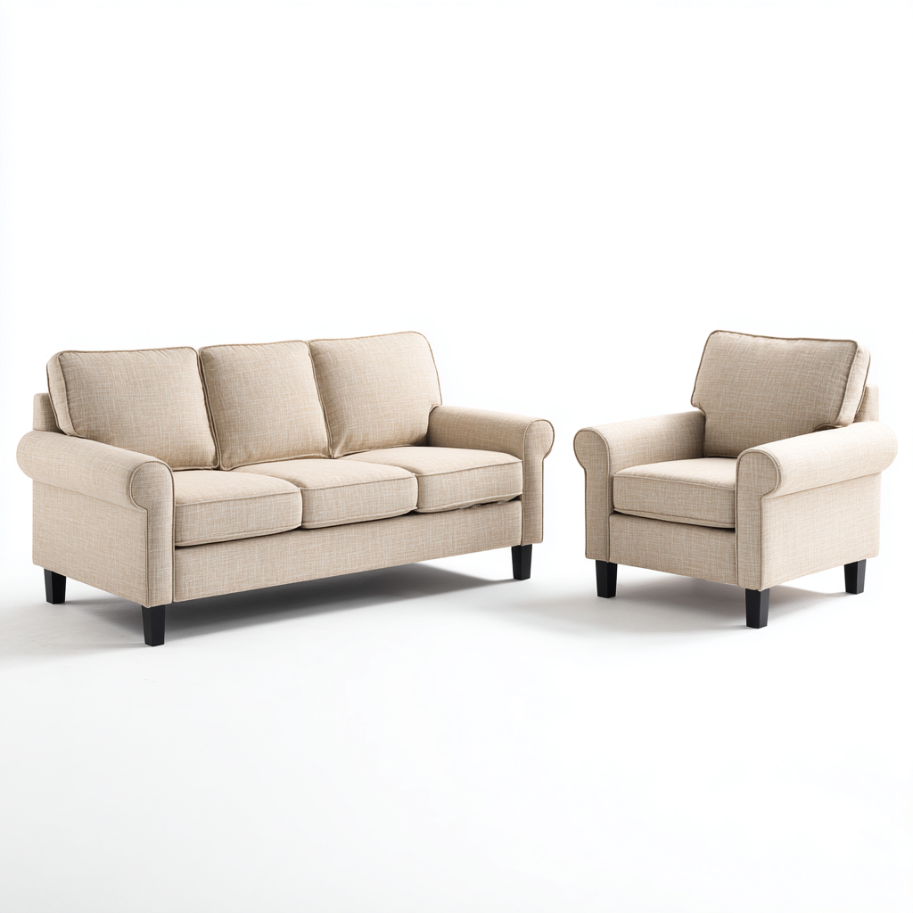 Ensemble de canapés tissu rembourré - canapé 3 places et fauteuil - beige - salon - design classique-Ratilyinterior