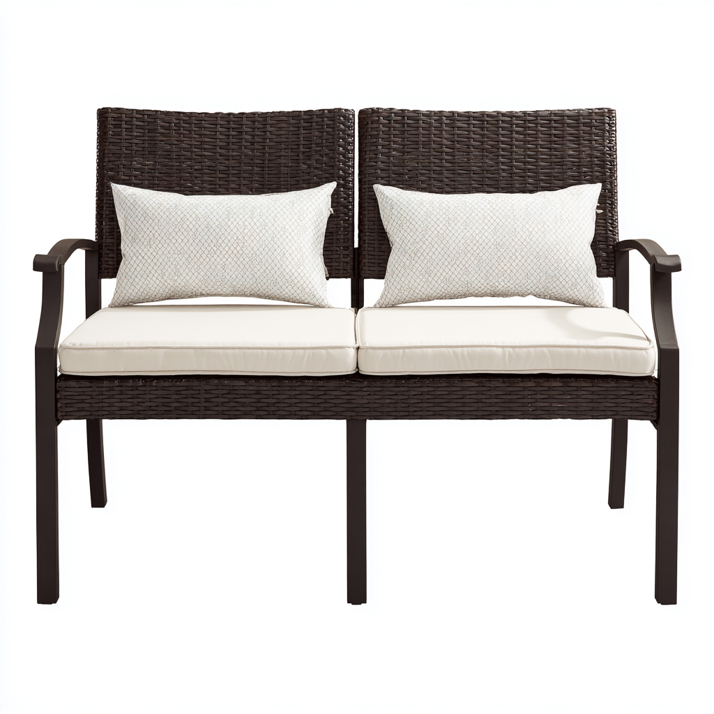 Banc de jardin en résine tressée avec coussins 120x60x85 cm - brun - noir - usage extérieur - style contemporain-Ratilyinterior
