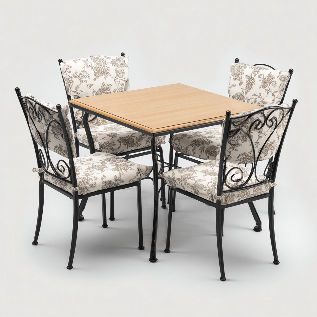 Ensemble table et chaises métal et bois - beige et noir - style classique pour salle à manger-Ratilyinterior
