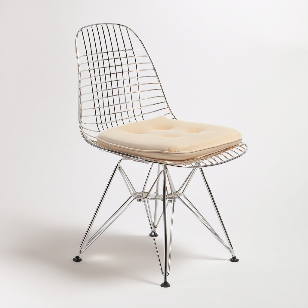 Chaise de jardin en métal avec assise filaire et coussin 55x56x83 cm - chrome et beige - adaptée pour extérieur - design moderne-Ratilyinterior