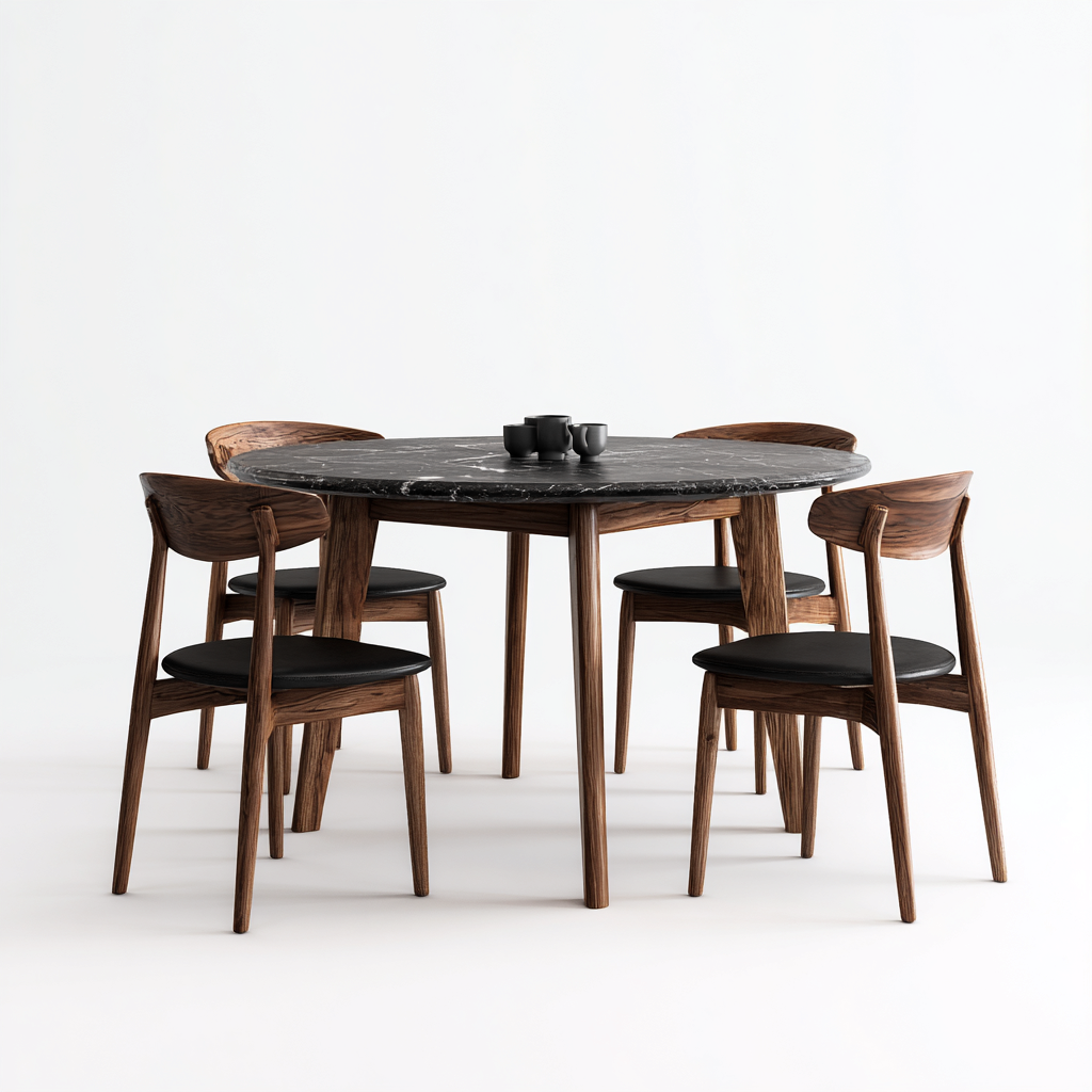 Ensemble table et chaises bois et plateau effet marbre - brun et noir - style moderne pour salle à manger-Ratilyinterior