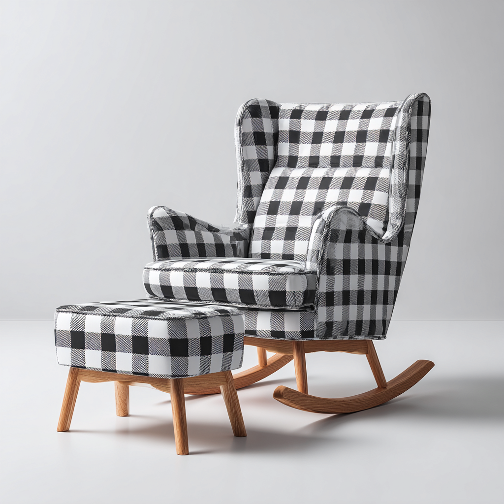Fauteuil à bascule tissu rembourré avec repose-pieds 95x80x105 cm - noir - blanc - salon - design scandinave-Ratilyinterior