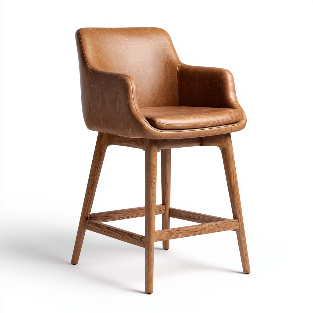 Tabouret de bar rembourré en cuir 56x54x98 cm - marron et bois naturel - pour restaurant - design moderne-Ratilyinterior