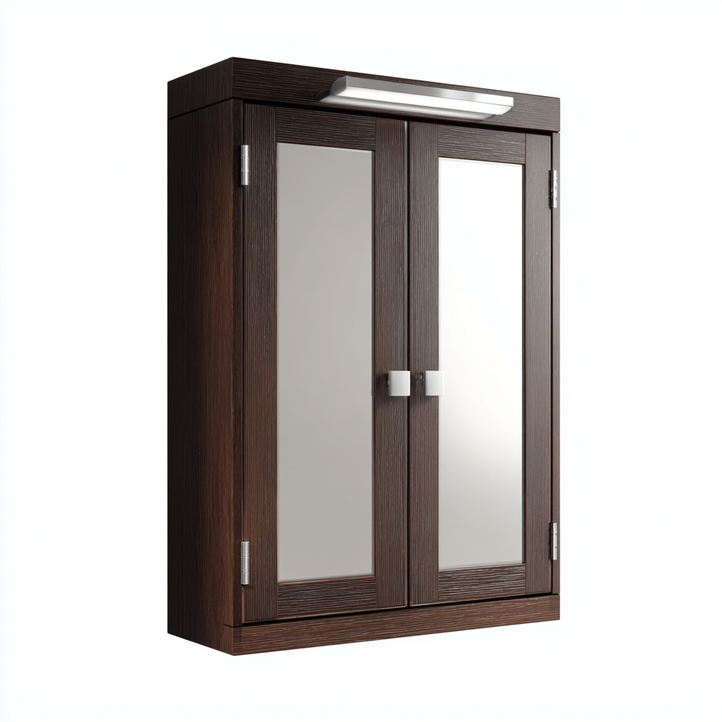 Rangement de salle de bain mural avec miroir en bois 60x15x70 cm - brun foncé - avec éclairage intégré - design moderne-Ratilyinterior