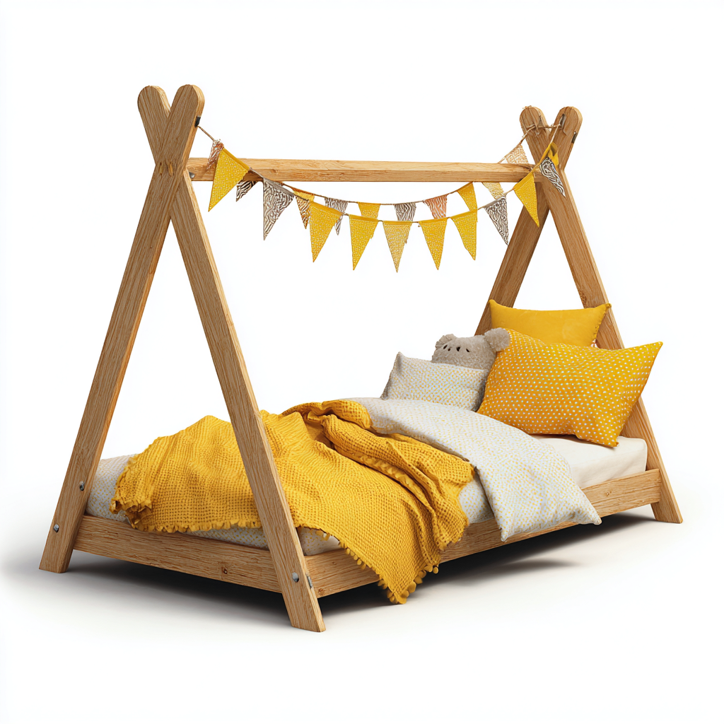 Lit enfant en bois massif forme tente A-frame 165x85x125 cm - bois naturel - jaune - design ludique pour chambre d'enfant-Ratilyinterior