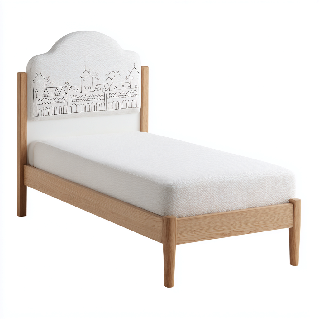 Lit simple en bois et tissu 196x96x110 cm - blanc et bois clair - pour chambre - style enfant-Ratilyinterior