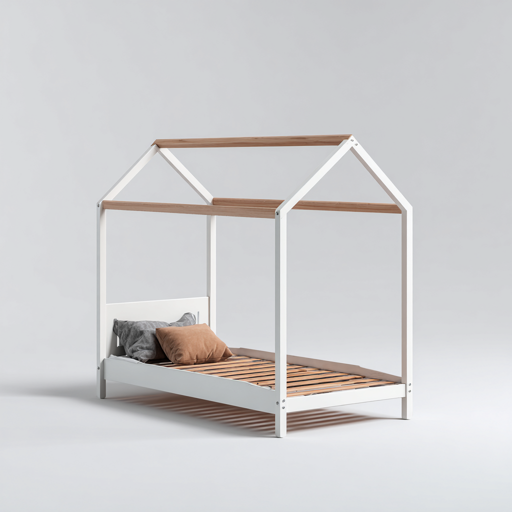 Lit enfant cabane structure bois 160x80x145 cm - blanc - bois naturel - design ludique - chambre d'enfant-Ratilyinterior