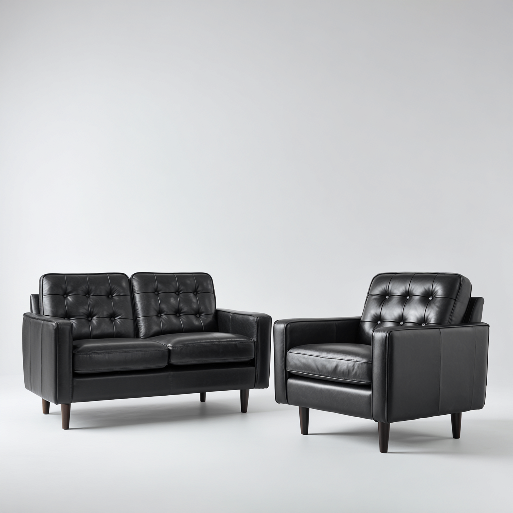 Ensemble de canapés en cuir véritable - canapé 2 places et fauteuil - noir - salon - design capitonné-Ratilyinterior