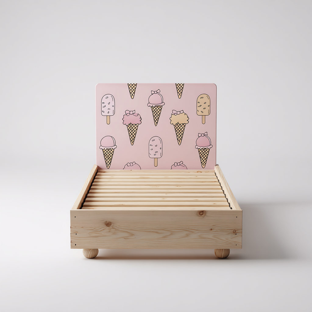 Lit enfant structure bois avec tête décorative 140x70x65 cm - bois naturel - rose - design ludique - chambre d'enfant-Ratilyinterior