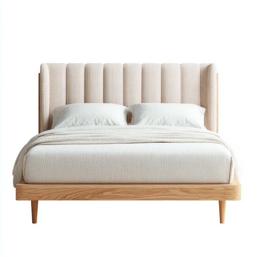Lit double scandinave bois clair tissu rembourré 210x160x115 cm - beige - style nordique - chambre-Ratilyinterior