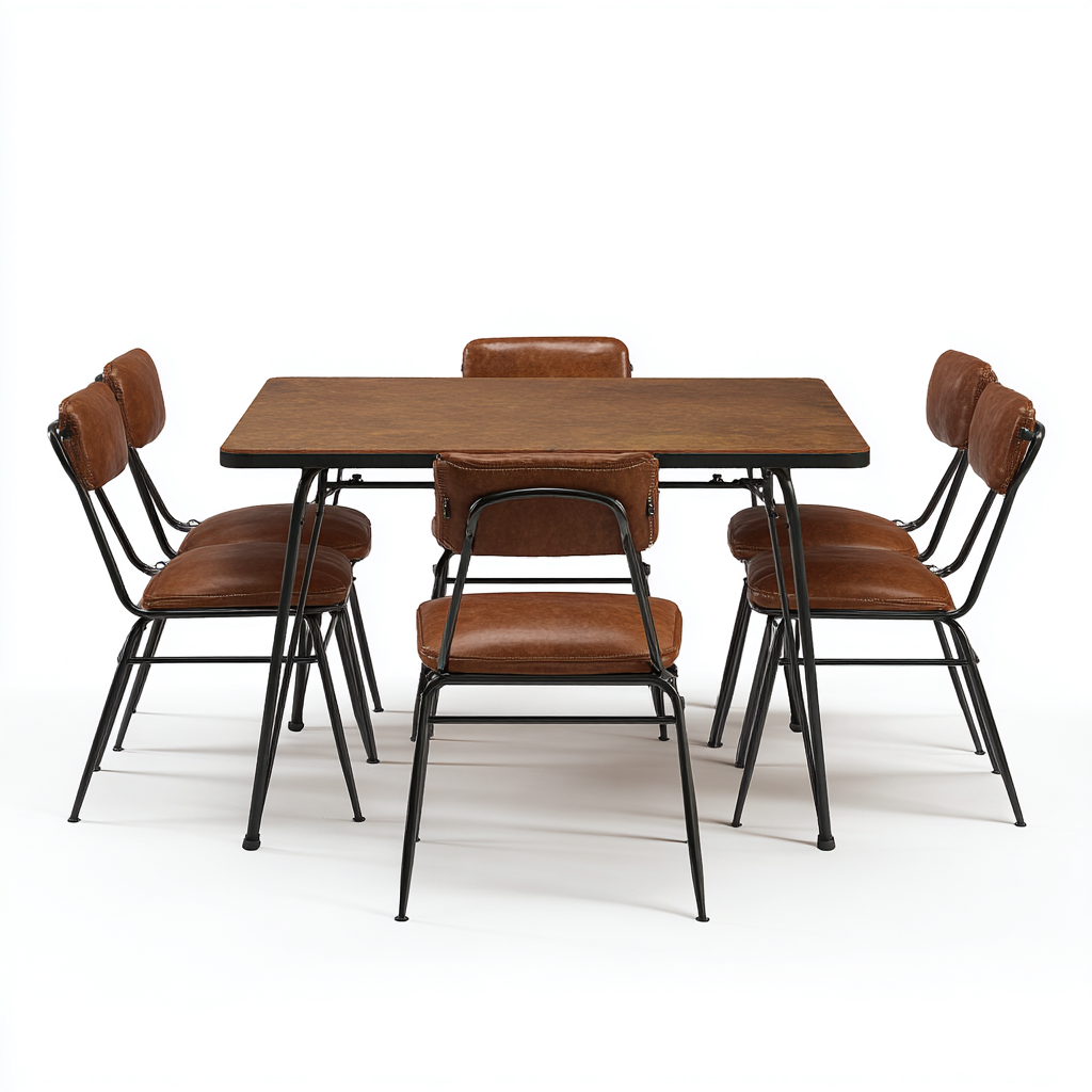 Ensemble table et chaises métal et bois - brun et noir - style industriel pour salle à manger-Ratilyinterior