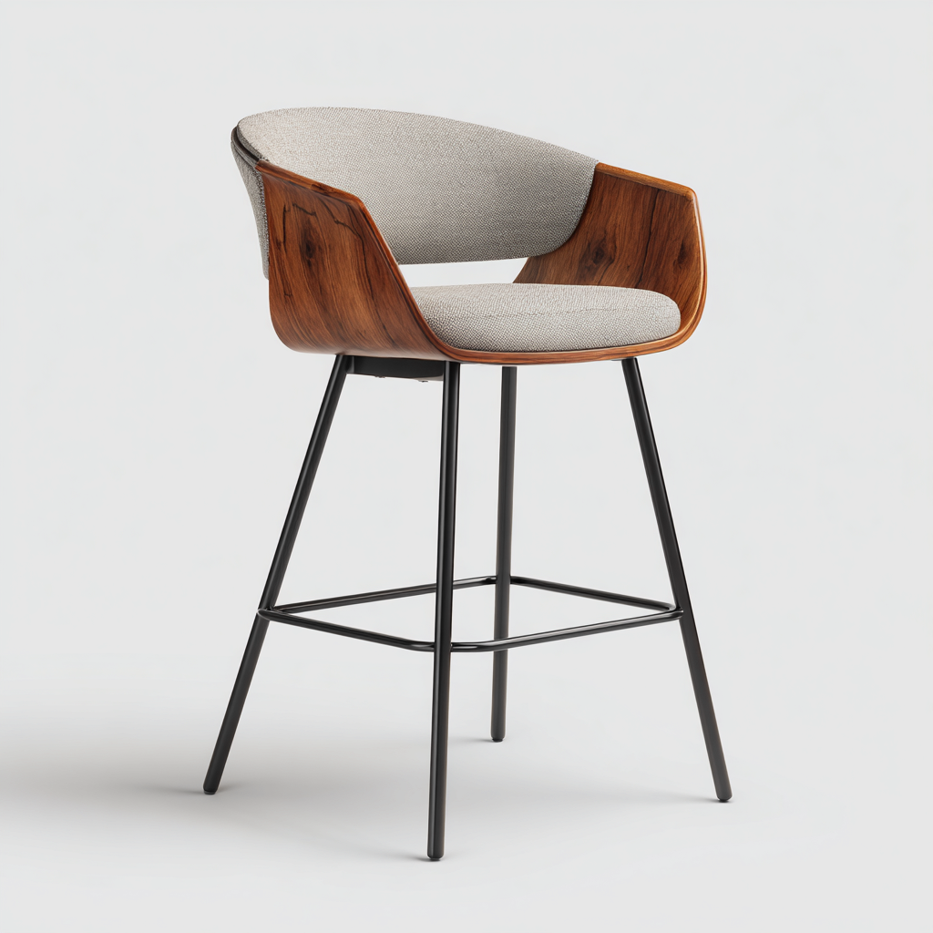 Tabouret de bar rembourré en tissu avec coque en bois 54x52x98 cm - beige et bois foncé - pour restaurant - design contemporain-Ratilyinterior