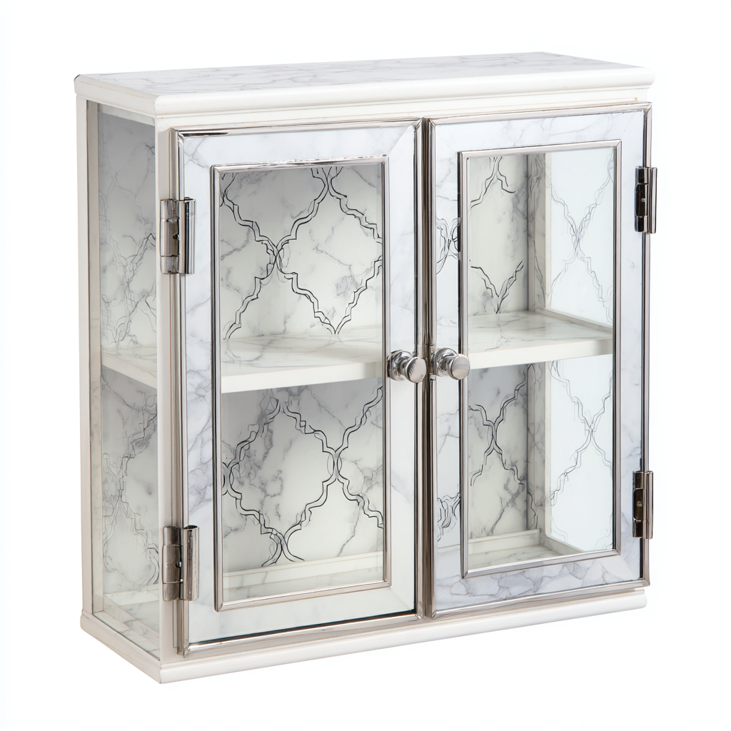 Rangement de salle de bain mural en bois et verre 70x20x60 cm - blanc marbré - avec portes vitrées - design élégant-Ratilyinterior