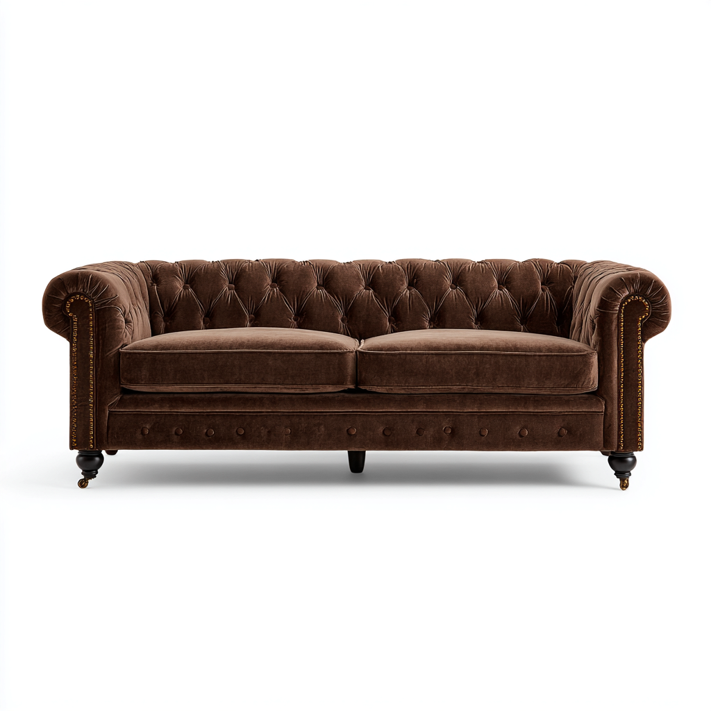 Canapé 3 places en velours capitonné 210x90x80 cm - marron - pour salon - style Chesterfield-Ratilyinterior