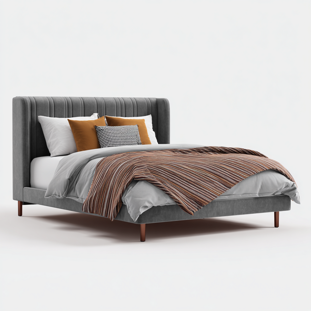 Lit double contemporain tissu velours 215x160x110 cm - gris - design moderne - chambre-Ratilyinterior