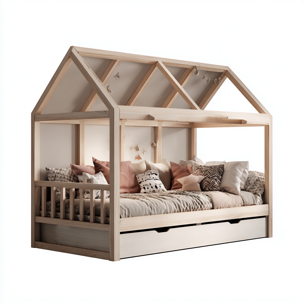 Lit enfant cabane structure bois avec rangement 160x80x155 cm - bois naturel - design ludique - chambre d'enfant-Ratilyinterior
