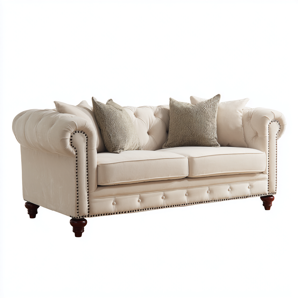 Canapé 3 places capitonné en tissu 215x95x80 cm - crème - pour salon - style classique élégant-Ratilyinterior
