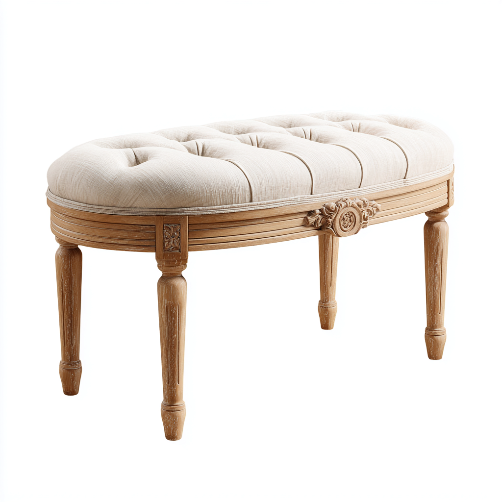 Banc de lit rembourré en bois sculpté 100x45x50 cm - beige - bois naturel - pour chambre - style classique-Ratilyinterior