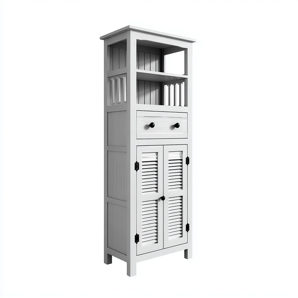 Rangement de salle de bain sur pied en bois 60x35x180 cm - blanc - avec portes persiennées et étagères ouvertes - style classique-Ratilyinterior