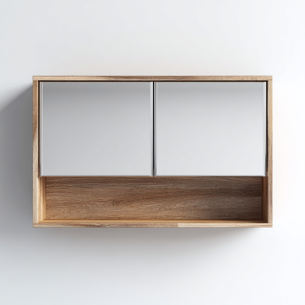 Rangement de salle de bain mural avec miroir en bois 80x15x50 cm - chêne clair - avec étagère ouverte - design moderne-Ratilyinterior