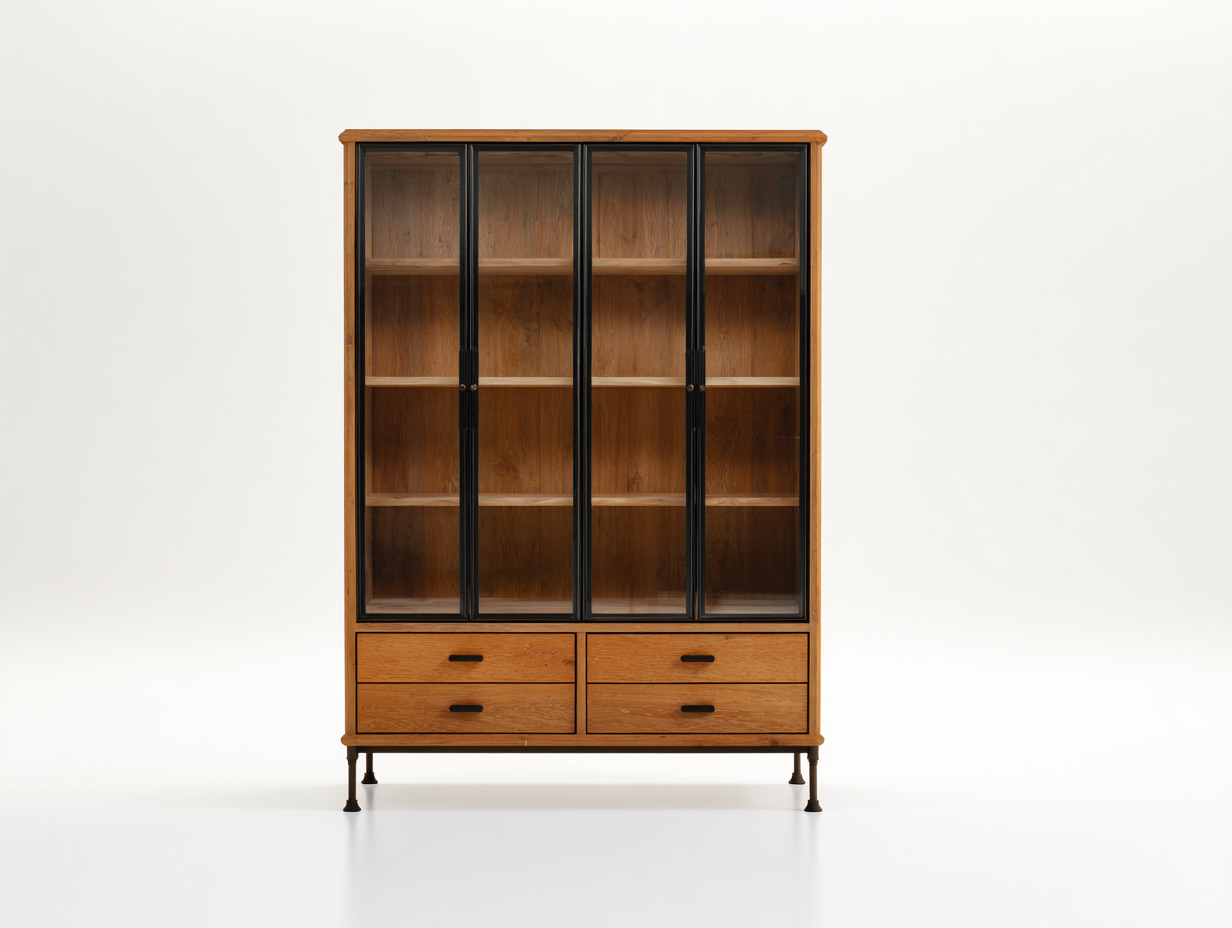 Librerie - Legno-Metallo-Vetro - 122x42x176 cm - Rovere caldo-Nero-Fumé - Industriale moderno