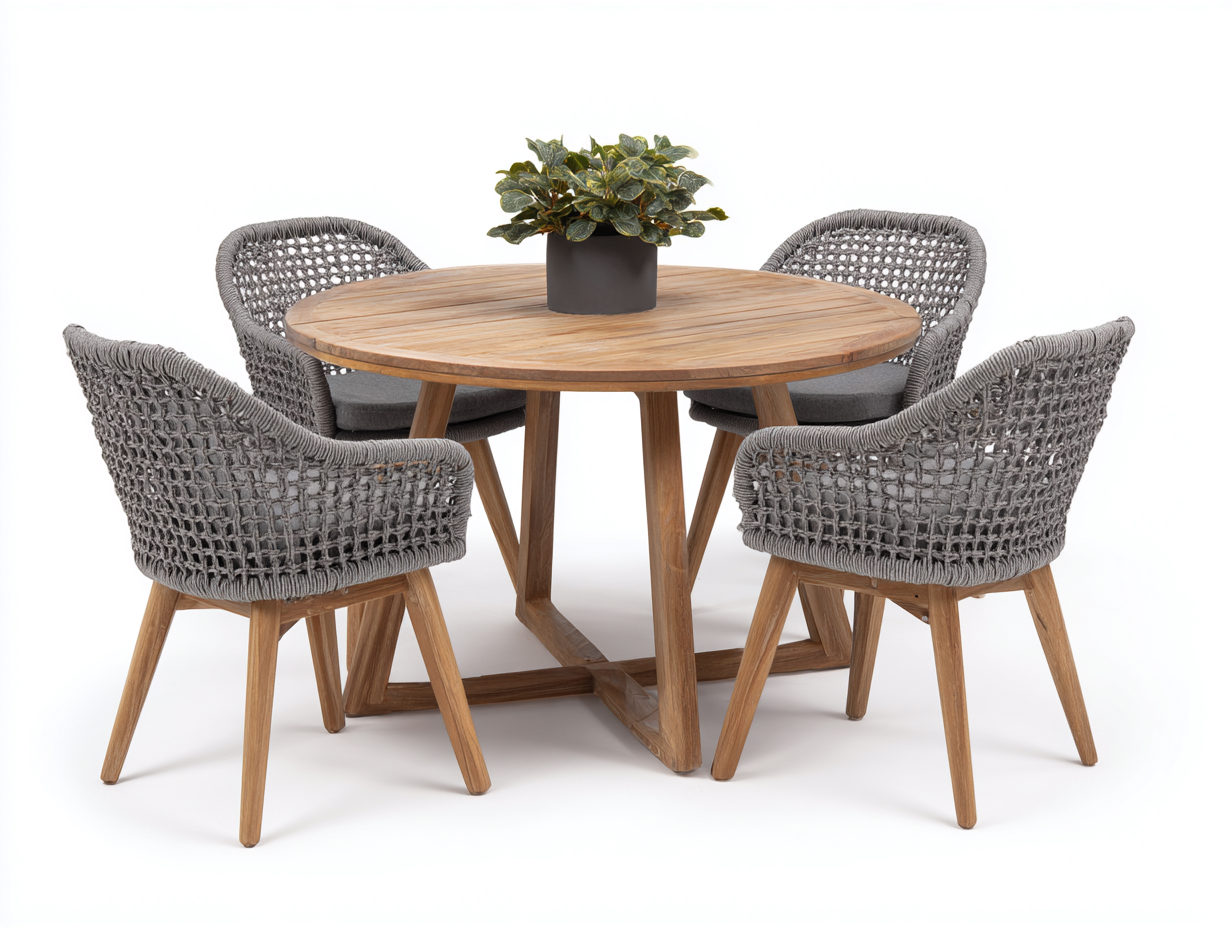 Set da pranzo da esterno - legno-corda - 118x118x75 cm - naturale-grigio - design moderno