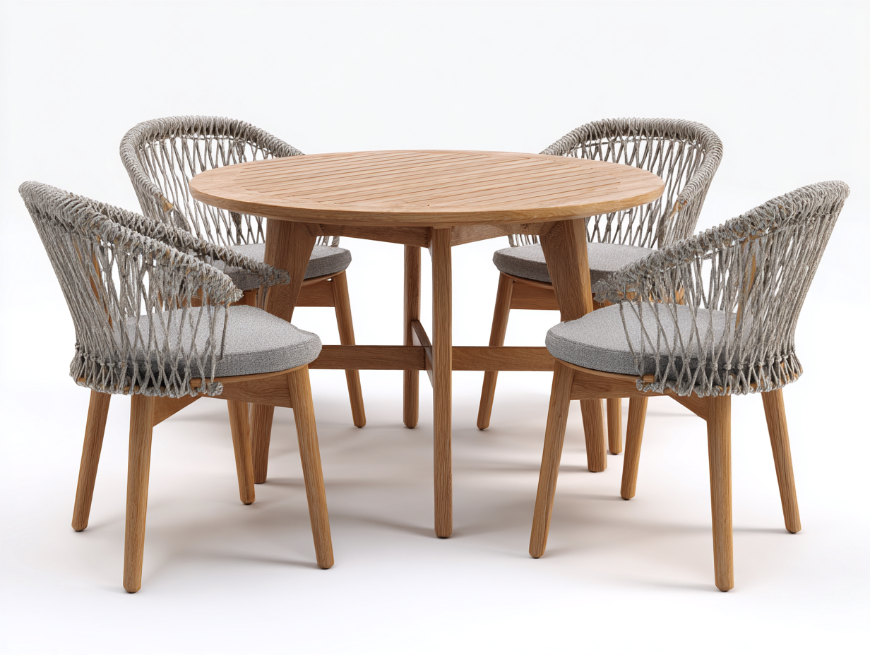 Set da pranzo da esterno - legno-corda-tessuto - 120x120x75 cm - naturale-grigio - design moderno