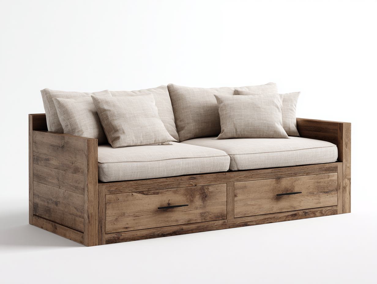 Divano letto - Legno-Tessuto - 212x94x82 cm - Beige-Naturale - Rustico