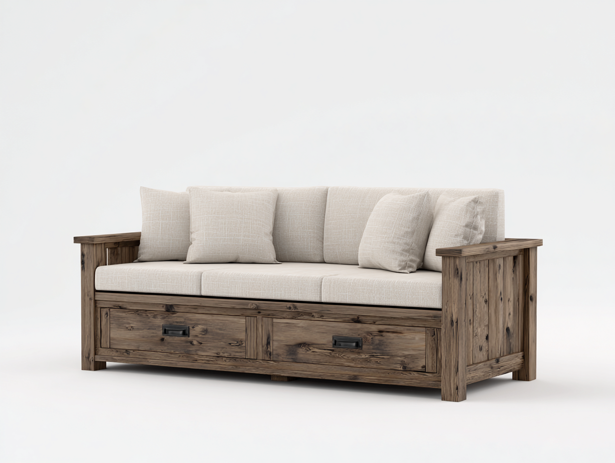 Divano letto - Legno-Tessuto - 205x92x85 cm - Beige-Naturale - Rustico