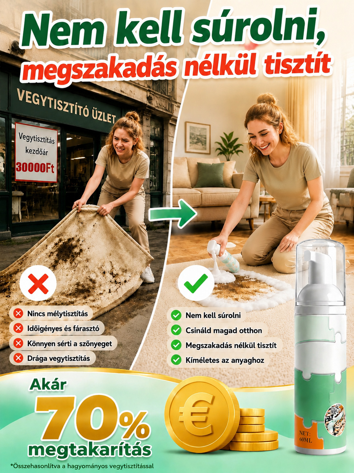 🪑 Univerzális száraztisztító textilhez és bútorhoz – öblítés nélkül!