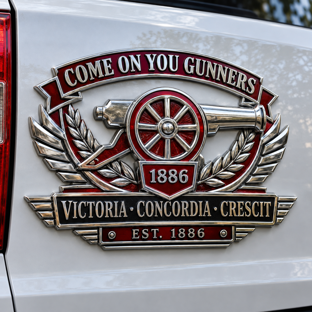 🚗 Gunners Pride 3D Metal Car Emblem – 1886 Cannon Heritage Auto Badge