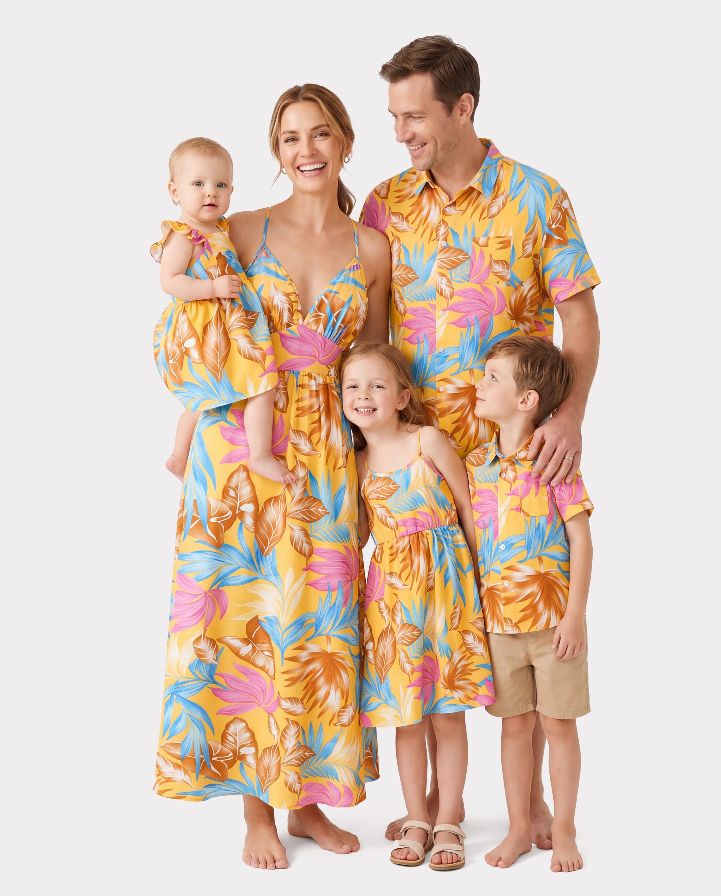 Family Matching Yellow Set Tropical Leaf Print Short-sleeve Shirt or Strap Dress Yellow