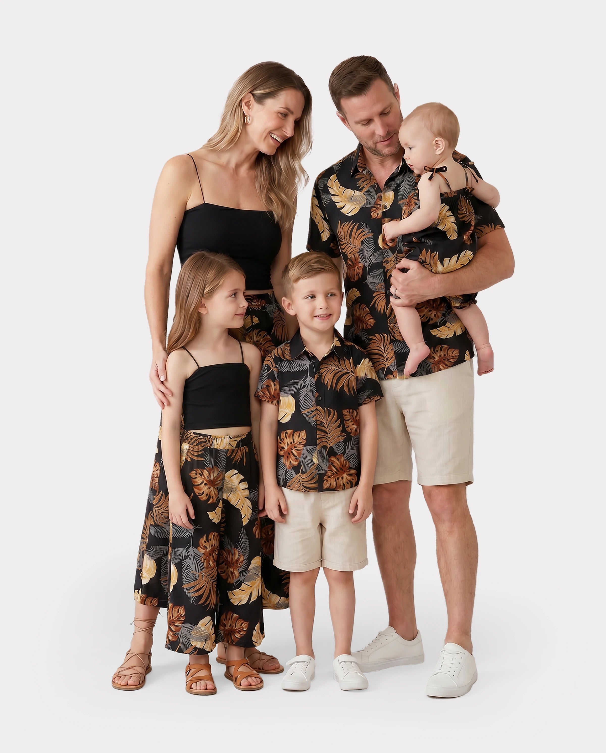 Family Matching Floral Print Beach Wear Short-sleeve Shirt or Camisole top and Wide-Leg Pants Set for Summer Vacation Family Looks Black+White