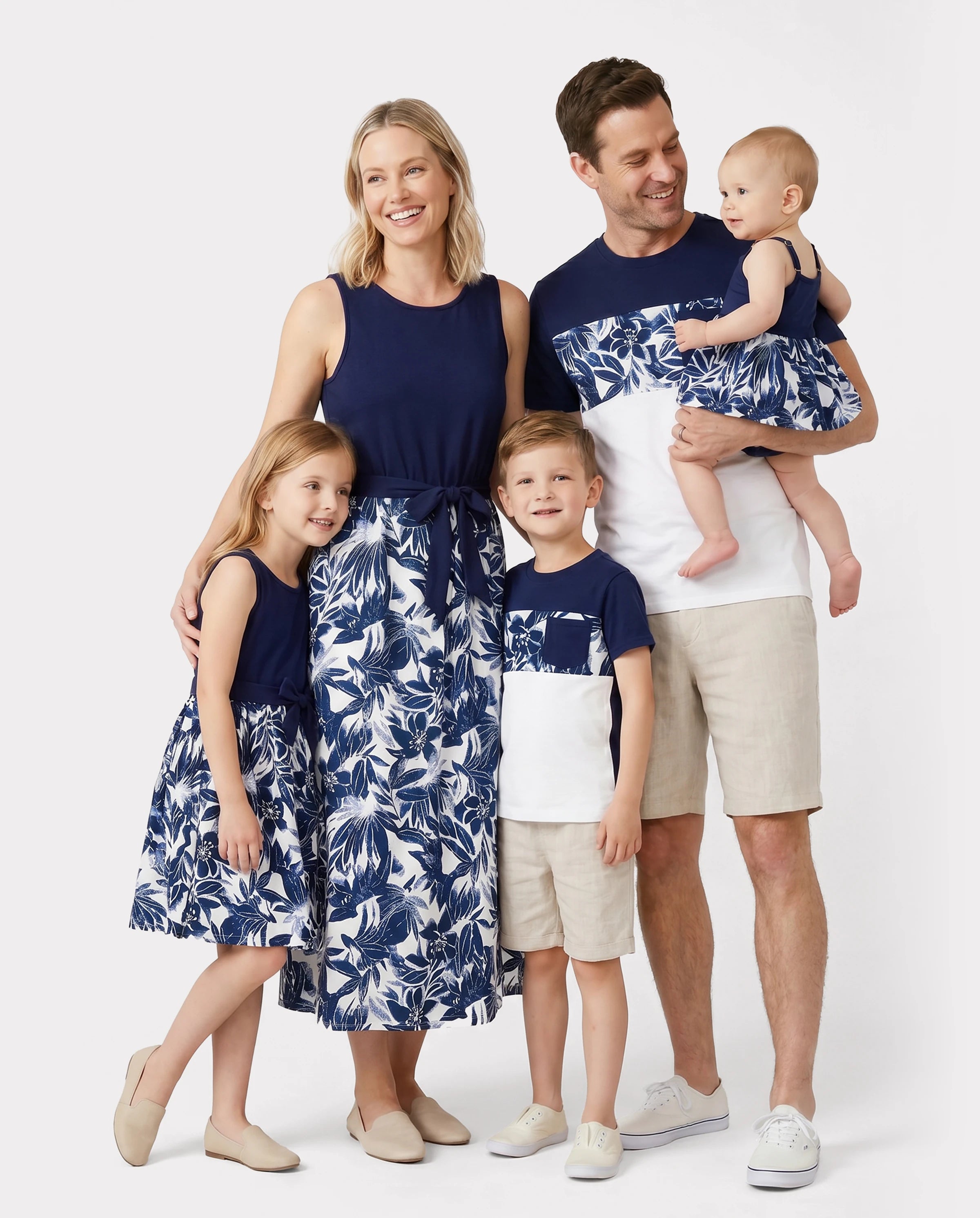 Family Matching Cotton Tee Flora Print Splicing Shirt or Tank Dress Deep Blue
