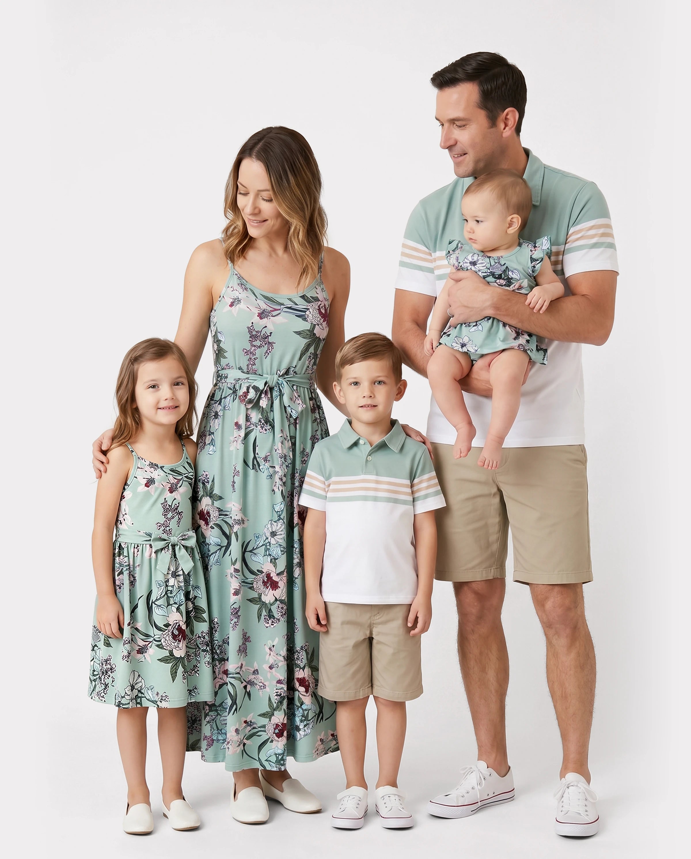 Family Matching Sets Green Striped Polo Shirt or Flora Print Strap Belted Dress Light Green