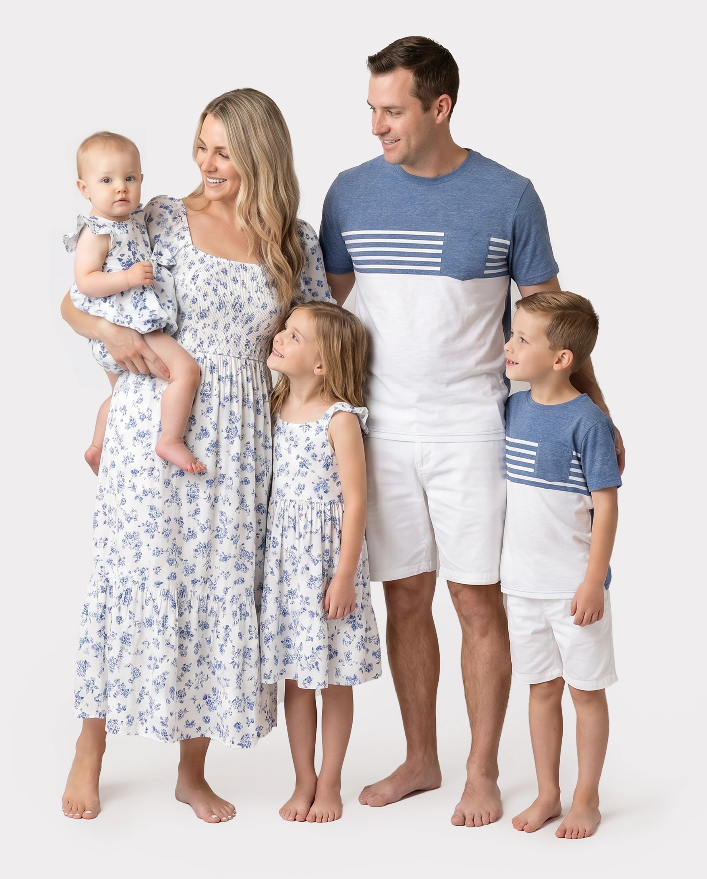 Family Matching Outfit: Floral Smocking Casual Suit BLUEWHITE