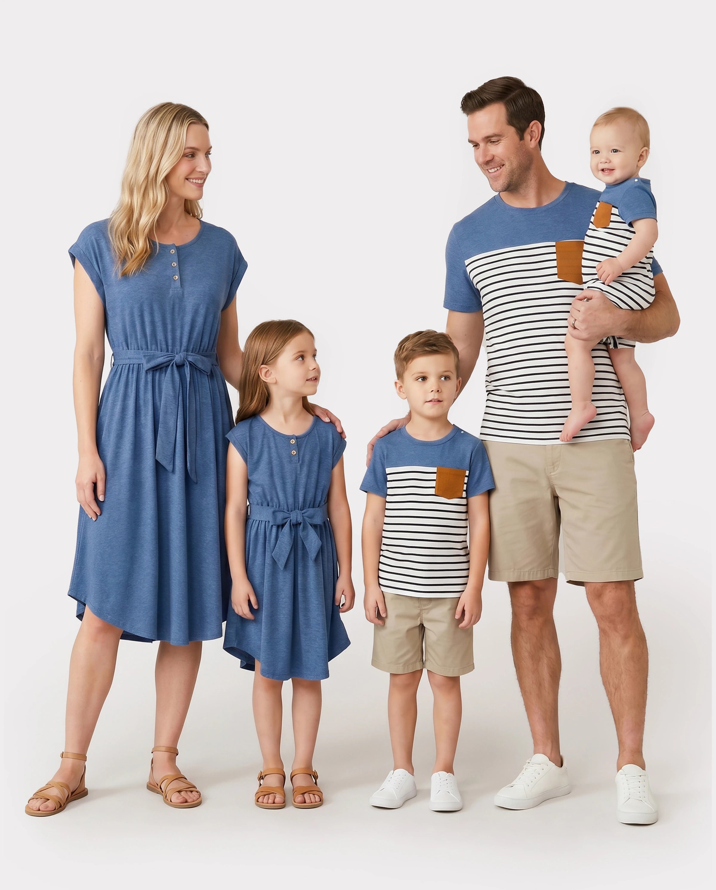 Family Matching Soft Casual Outfit with Below Knee Dresses, Front Buttons, Belted Design Blue