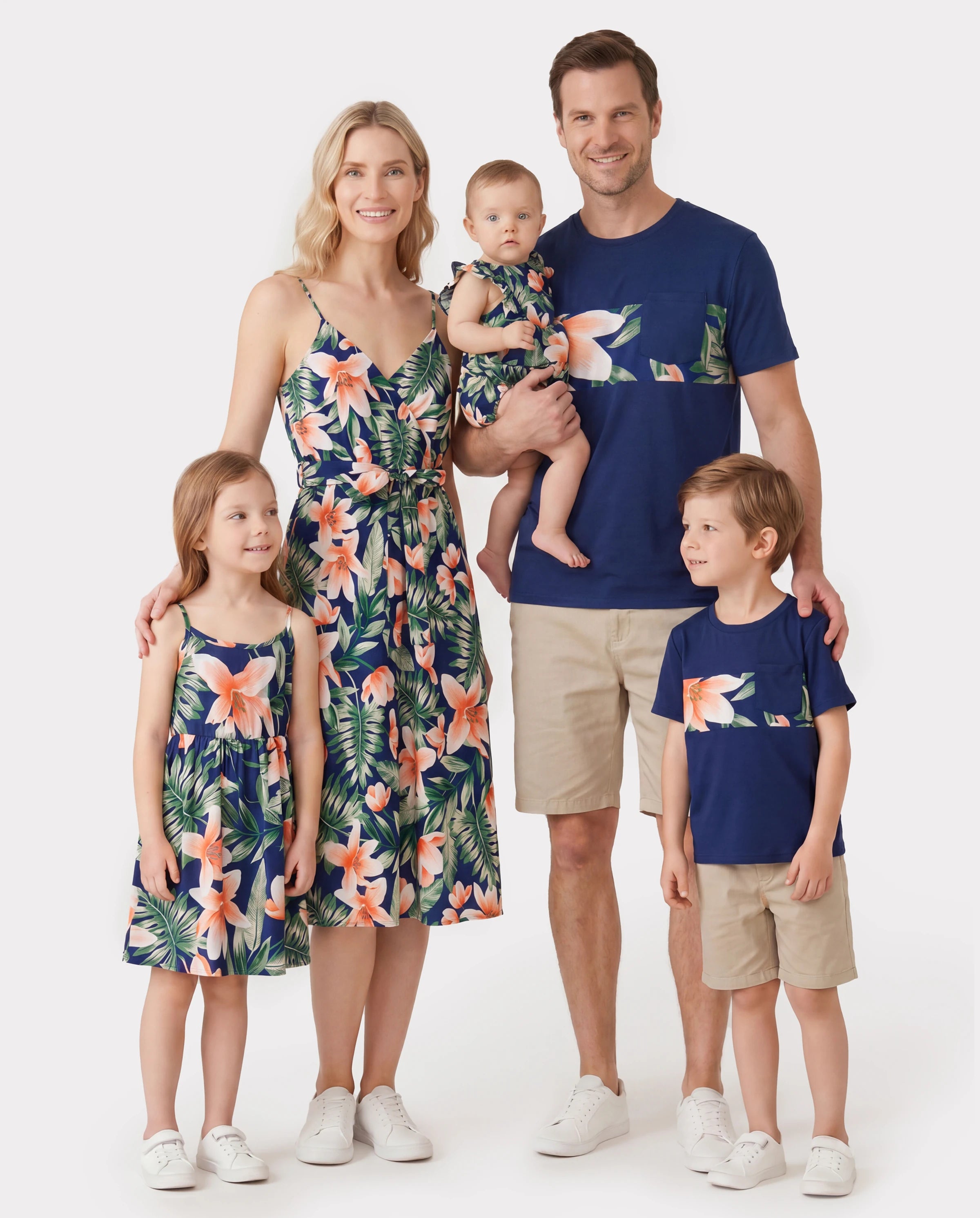 Family Matching Sets Floral Panel Short-sleeve T-shirts or All Over Floral Print V Neck Spaghetti Strap Midi Dresses with Hidden Snap royalblue