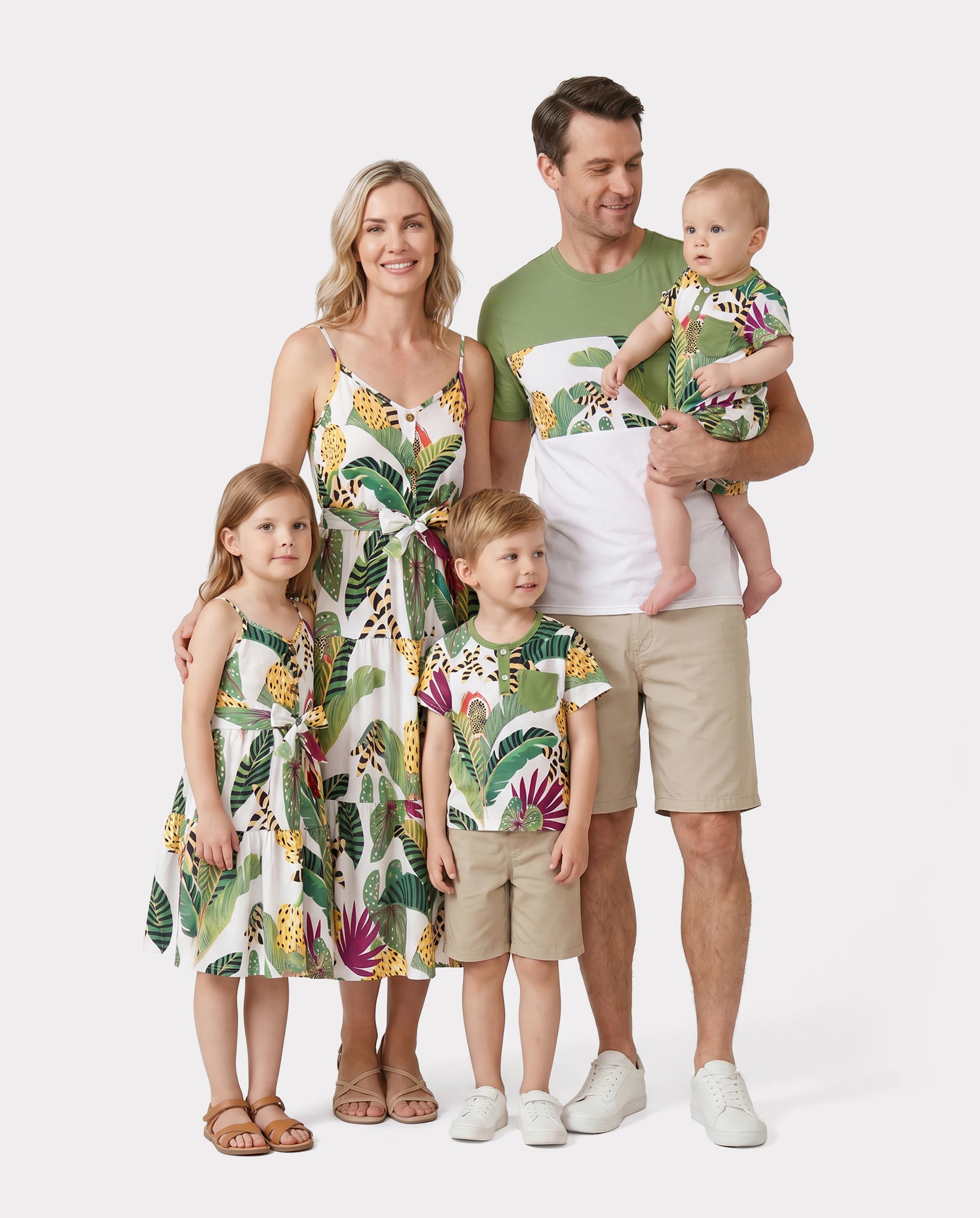 Family Matching Tropical Floral Print Short-sleeve Top or Camisole Dress Set Multi-color
