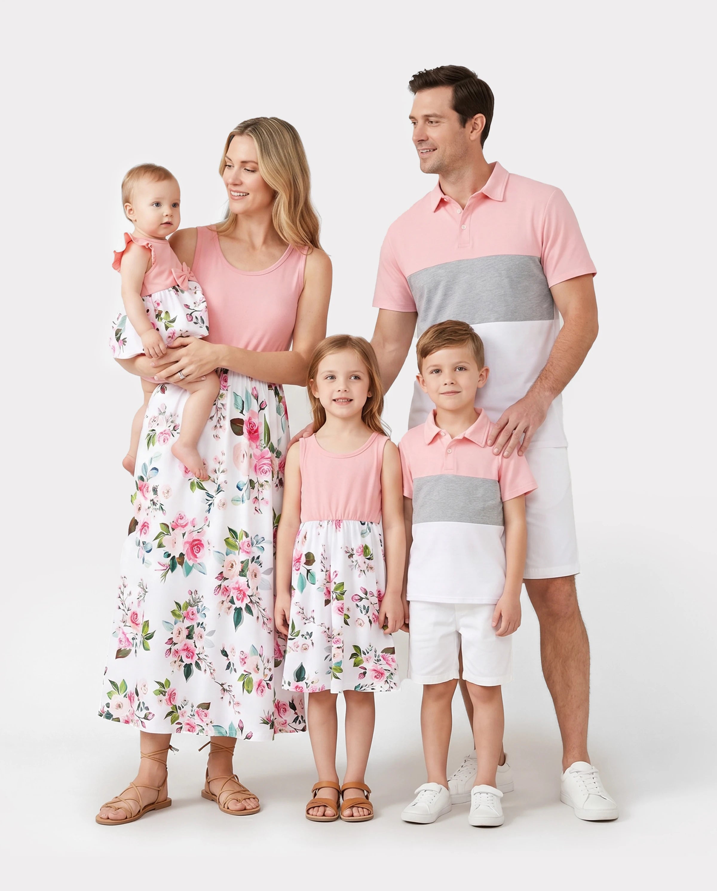 Family Matching Pink Sleeveless Splicing Floral Print Midi Dresses and Colorblock Short-sleeve Polo Shirts Sets Pink