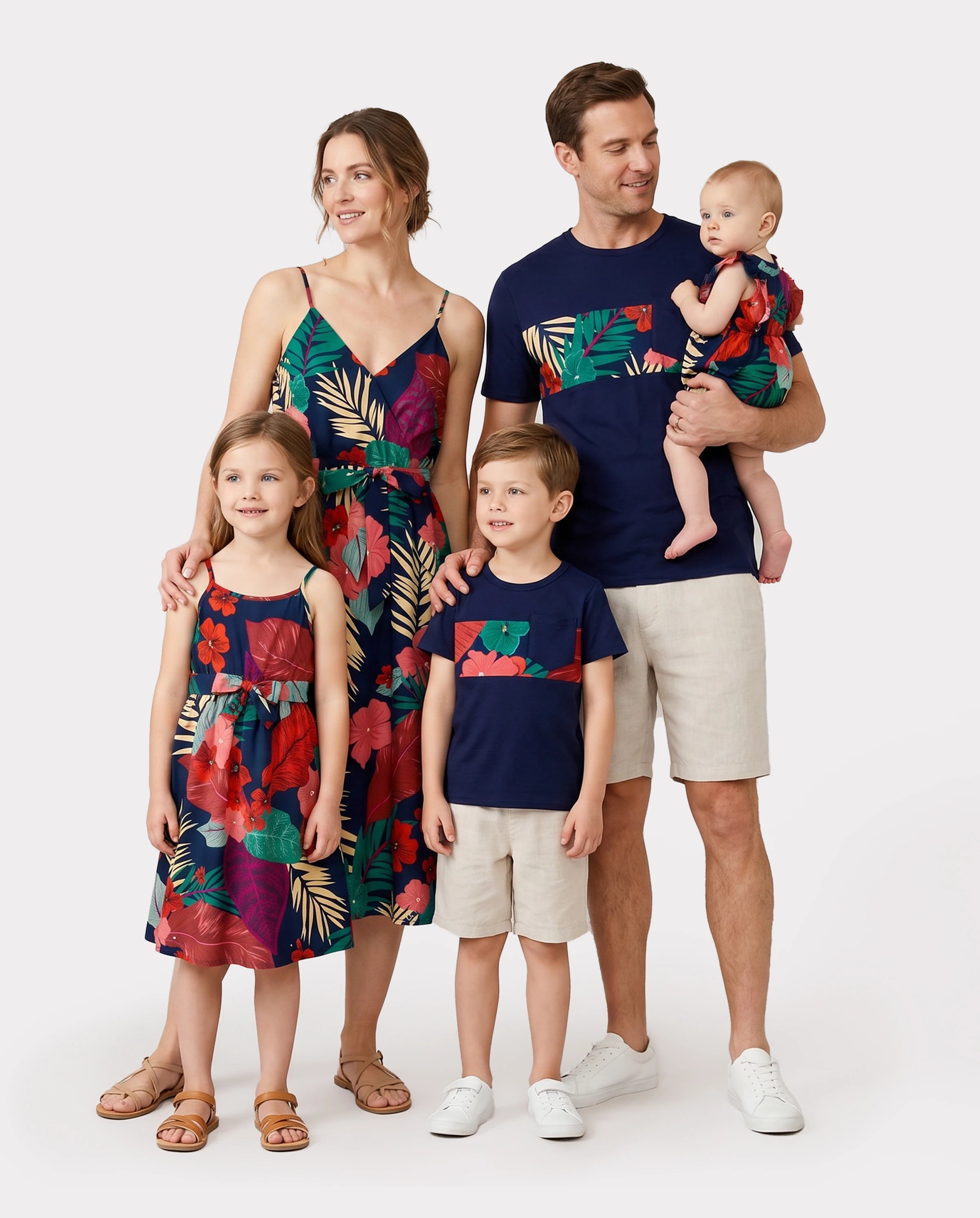 Family Matching Sets Floral Panel Black tee and V-neck Strap Dress with Hidden Snap Deep Blue