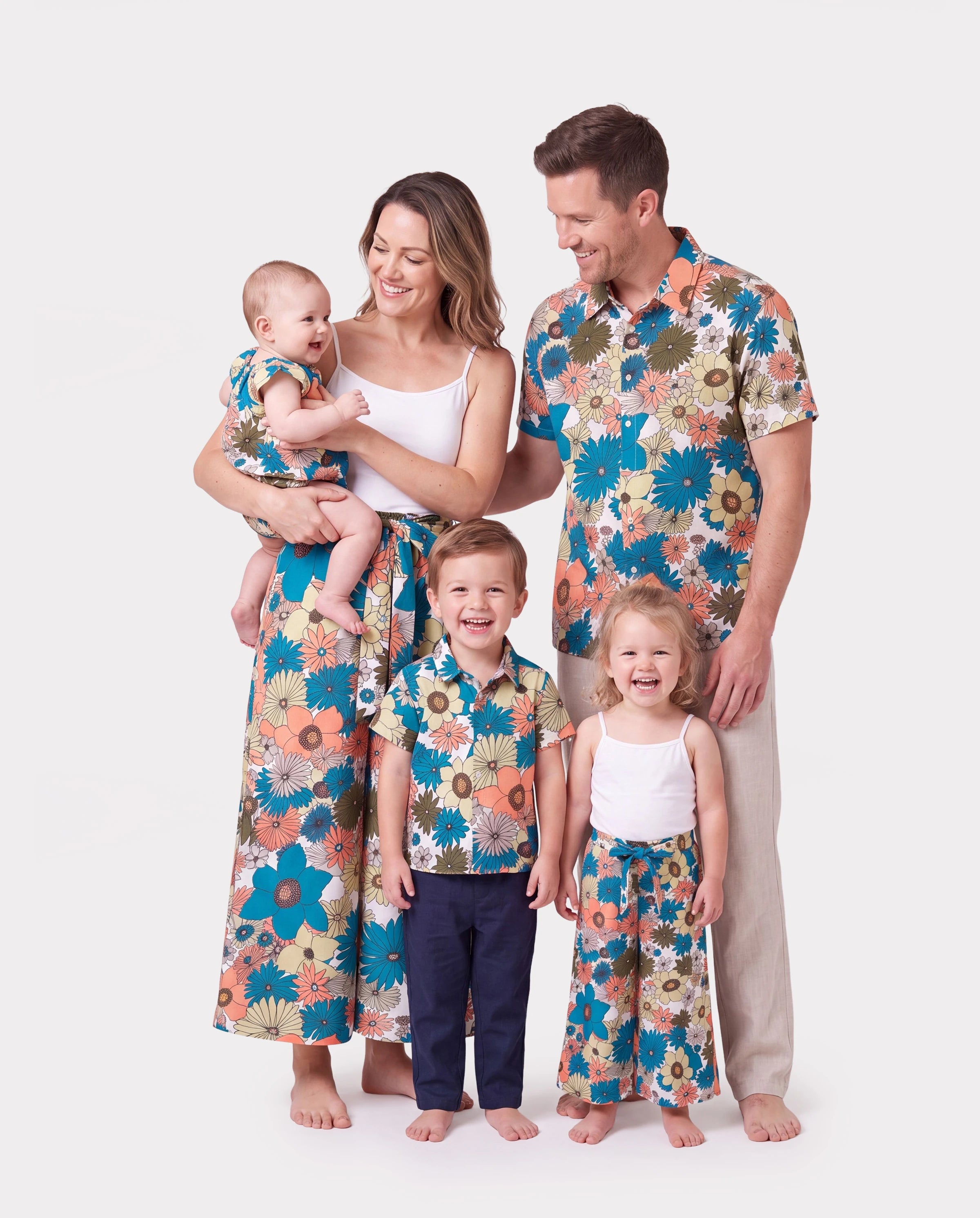Family Matching Set Sun Flower Print Short-sleeve Collar Shirt or White Camisole Top and Flower Wide-leg Pants Set for Summer Vacation  Multi-color