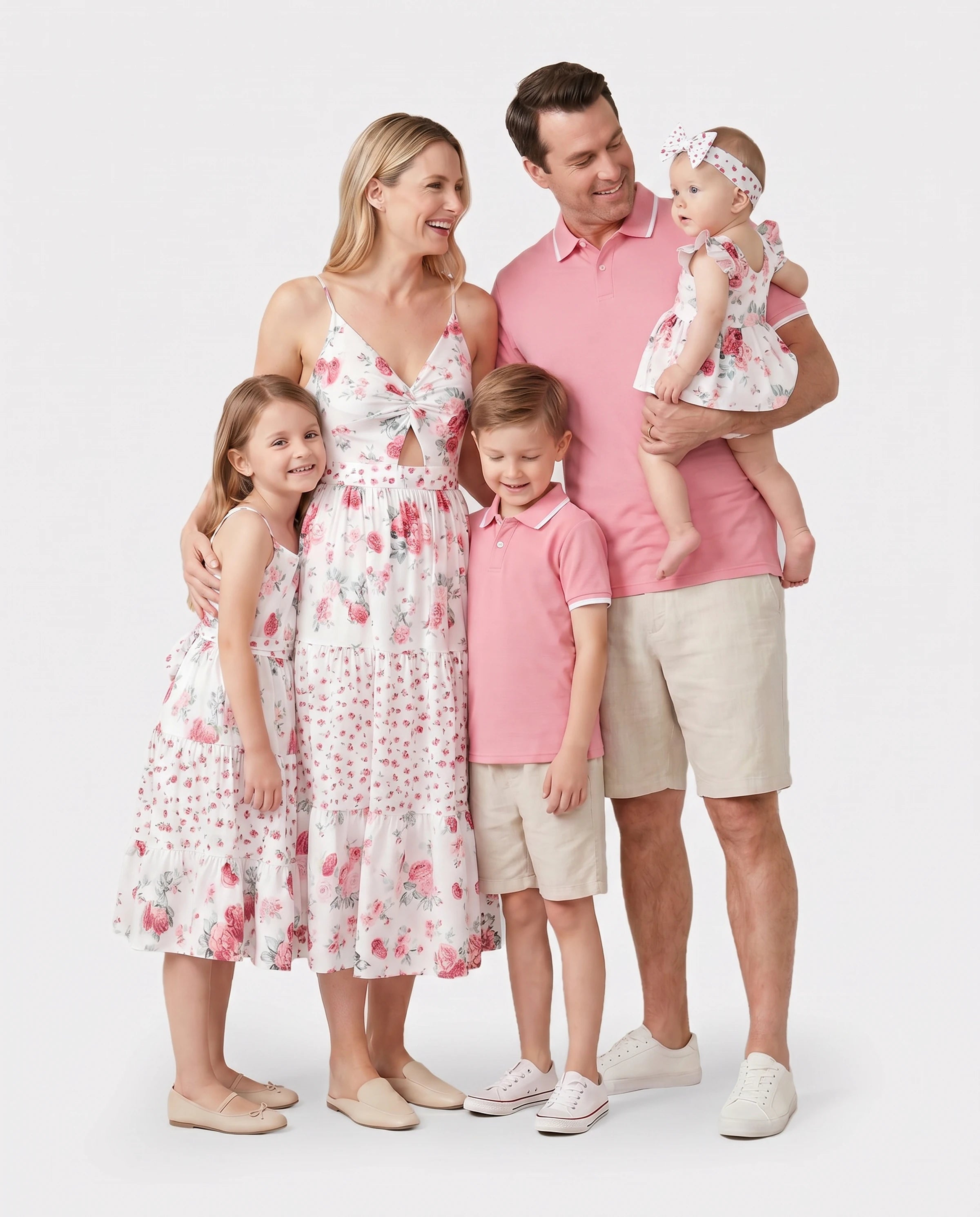 Family Matching Outfits Set Solid Color Short-sleeve Polo Collar Shirt or Flower Print Hollow out Dress  Pink
